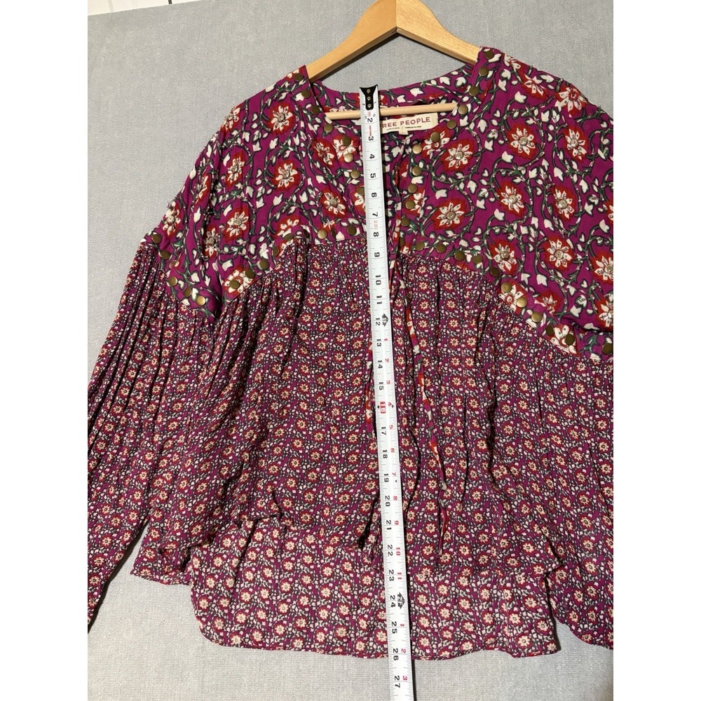 FREE PEOPLE Women Multicolor Long Flare Sleeve Boho Peasant Style Blouse Sz L - Picture 9 of 15